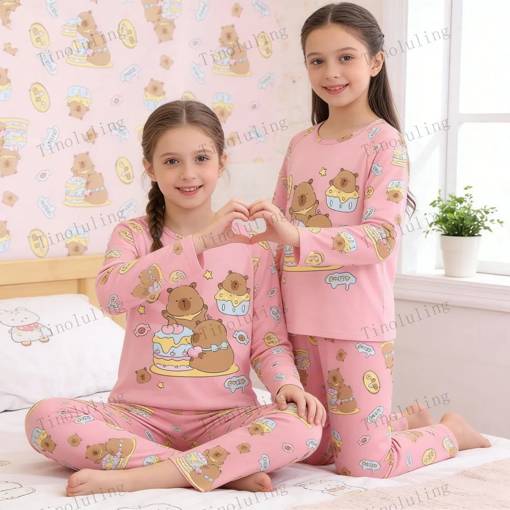 Boys Girls Pajamas Sets Kids Toddler 3 to 4 5 6 7 8 9 10 11 12 Years Capybara Pink Brown Long Sleeve Pyjamas Children's Clothing