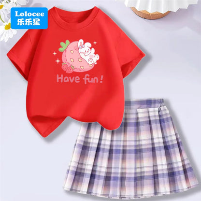 Girls' Trendy School Outfit - Cartoon Music Guitar Rabbit Print Tee + Plaid Skirt Two-Piece Set Teenage Girls Clothes Set