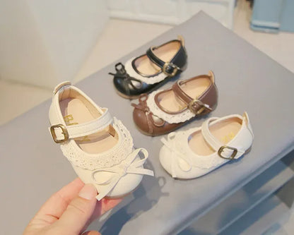 Girls Walking Shoes Sweet Lace Simple Bows 2025 New Baby Princess Shoes Round Toes Kids Leather Shoes Non-slip Soft Sole Flats