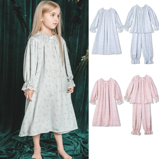 Girls Pajamas Set 2025 Spring And Summer New Blue Lace Lace Children's Home Clothing Cotton Printed Pajamas Children's Clothing