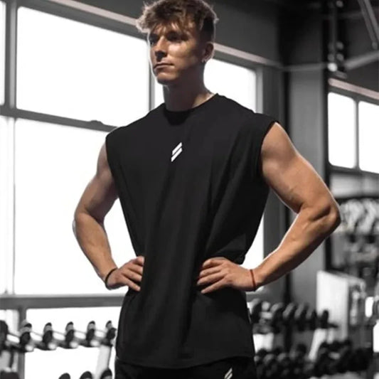Men's black quick-dry sleeveless athletic tank top with a crew neck, breathable moisture-wicking fabric, and loose fit for gym workouts.
