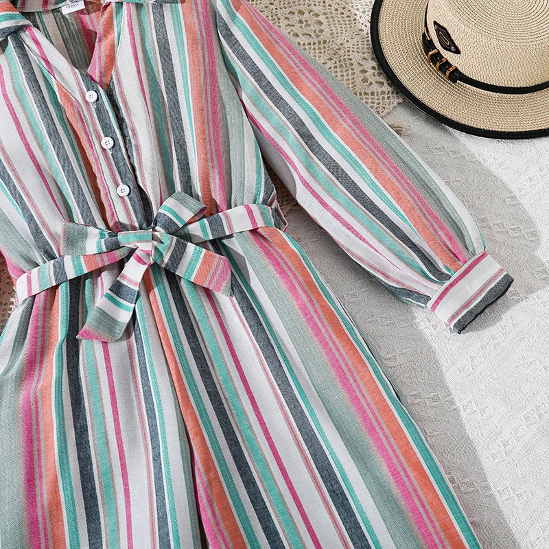 Girls 8-12 fashion jumpsuit, striped shirt-style romper with wide legs, lightweight and stylish for school and outdoor wear