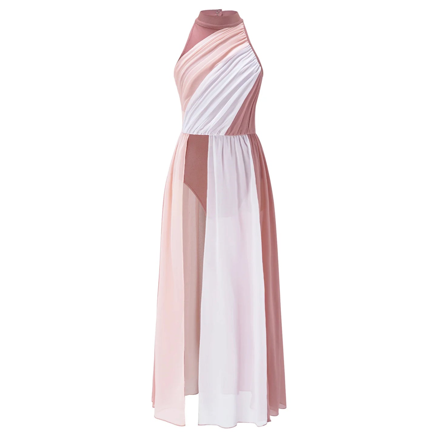 Girls Delicate 3D Flower Lyrical Dance Dress Asymmetrical Ruched Long Dress Gymnastics Modern Dance Clothes Performance Dress