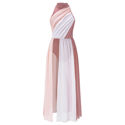 Girls Delicate 3D Flower Lyrical Dance Dress Asymmetrical Ruched Long Dress Gymnastics Modern Dance Clothes Performance Dress