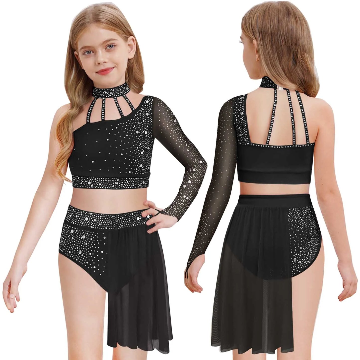 Girls Lyrical Dance Outfit One Shoulder Rhinestone Crop Top with Skirts Modern Contemporary Ballet Gymnastics Skating Dancewear