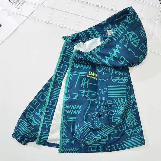 Teen Boys Casual Jacket Spring Autumn New Letter Print Thin Hooded Windproof Coat For 3-12 Years Kids Sports Outdoor Jacket