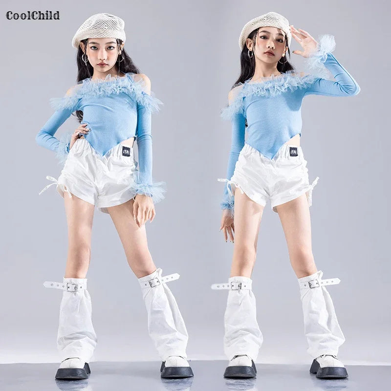 Girls K-pop Elegant Crop Top Cargo Pants Children Hip Hop Jazz Dance Shorts Kids Sweet Streetwear Costume Princess Clothes Sets