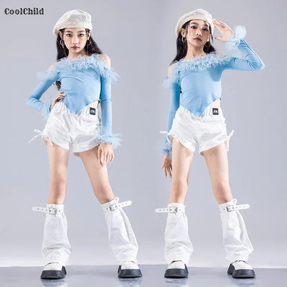 Girls K-pop Elegant Crop Top Cargo Pants Children Hip Hop Jazz Dance Shorts Kids Sweet Streetwear Costume Princess Clothes Sets
