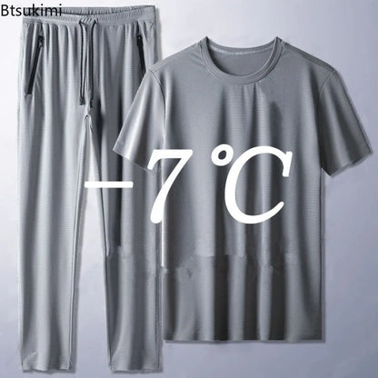 Summer Sports Suit Men's Trendy Short Sleeved Pants Two-piece Set Solid Color Casual Ice Silk Mesh Air-conditioned Pants for Men