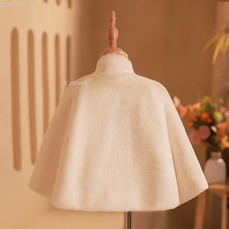 Girls Costumes Winter Warm Thick Shawl White Bridal Pageant Fashion Show Outerwear Kids Clothes Children Flower Girl Wedding