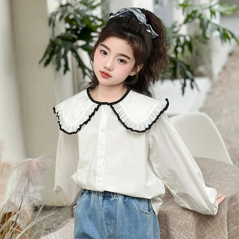 New Fashion Kids Long Sleeve Blouse With Big Collar For School Girls Trendy Outfit Tops Teens Child White Shirt Clothes Costume