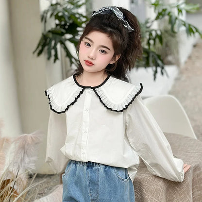 New Fashion Kids Long Sleeve Blouse With Big Collar For School Girls Trendy Outfit Tops Teens Child White Shirt Clothes Costume