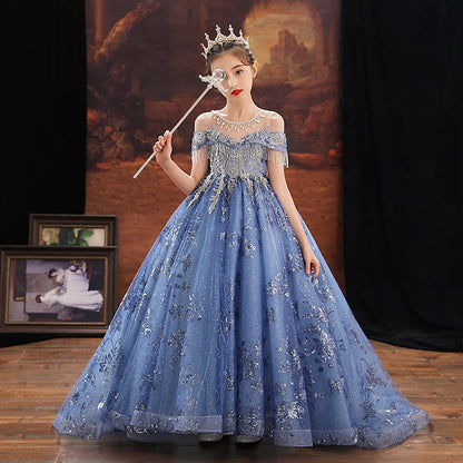 Girl Elegant Off Shoulder Dress Fashion Runway Show Luxurious Princess Dresses for Girls Birthday Party Long Kids Vestidos