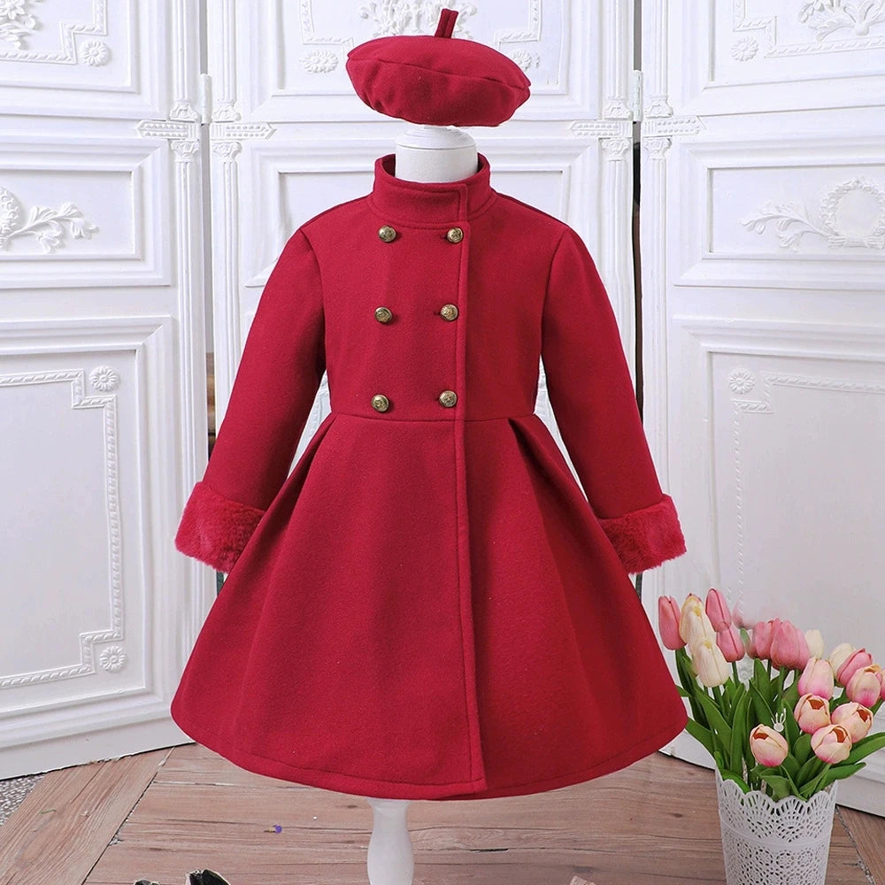 Girls' Red Winter Coat with Hat Long Sleeve Knee-Length Winter Jacket Button Youngsters Outerwear Teen Girl Overcoat For Outings