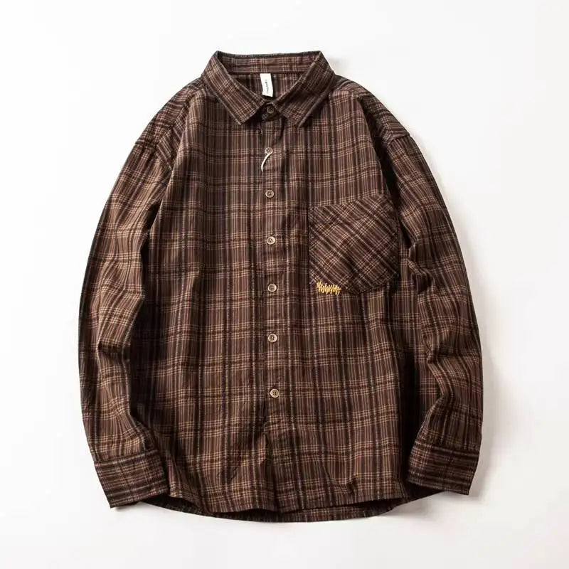Men's Casual Washed Cotton Plaid Dress Shirt Japanese Retro Embroidered Long Sleeve Spring Autumn Male Button Down Tops Shirts