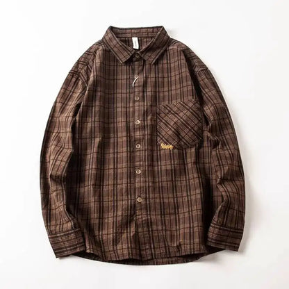 Men's Casual Washed Cotton Plaid Dress Shirt Japanese Retro Embroidered Long Sleeve Spring Autumn Male Button Down Tops Shirts