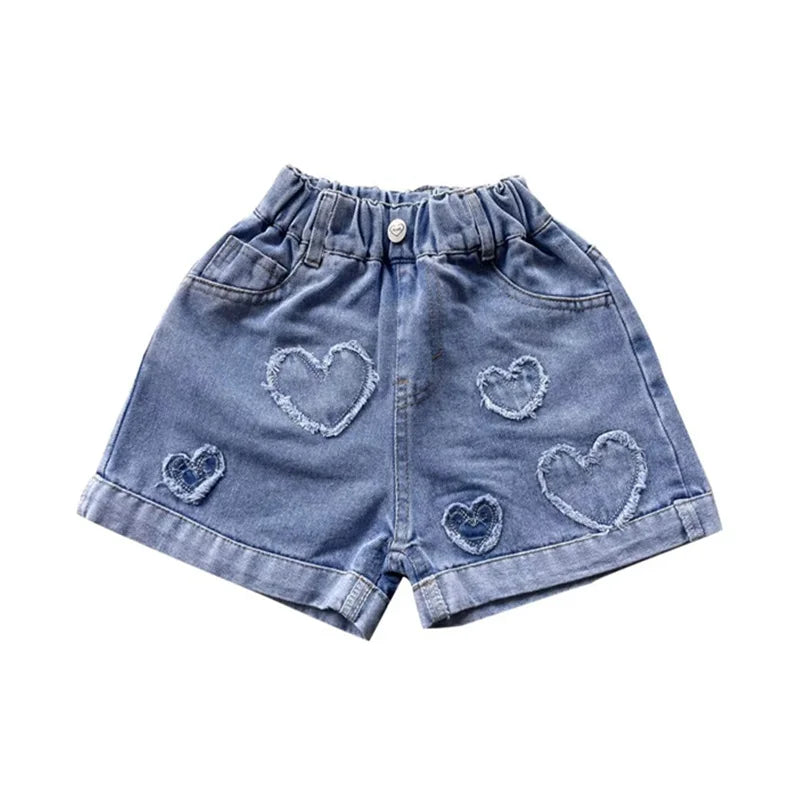 Girls Shorts with Heart Pattern High Waist Summer Hot Deals Teenage Child Fashion Jeans Kids Short Trousers Clothes 5-14Year Old