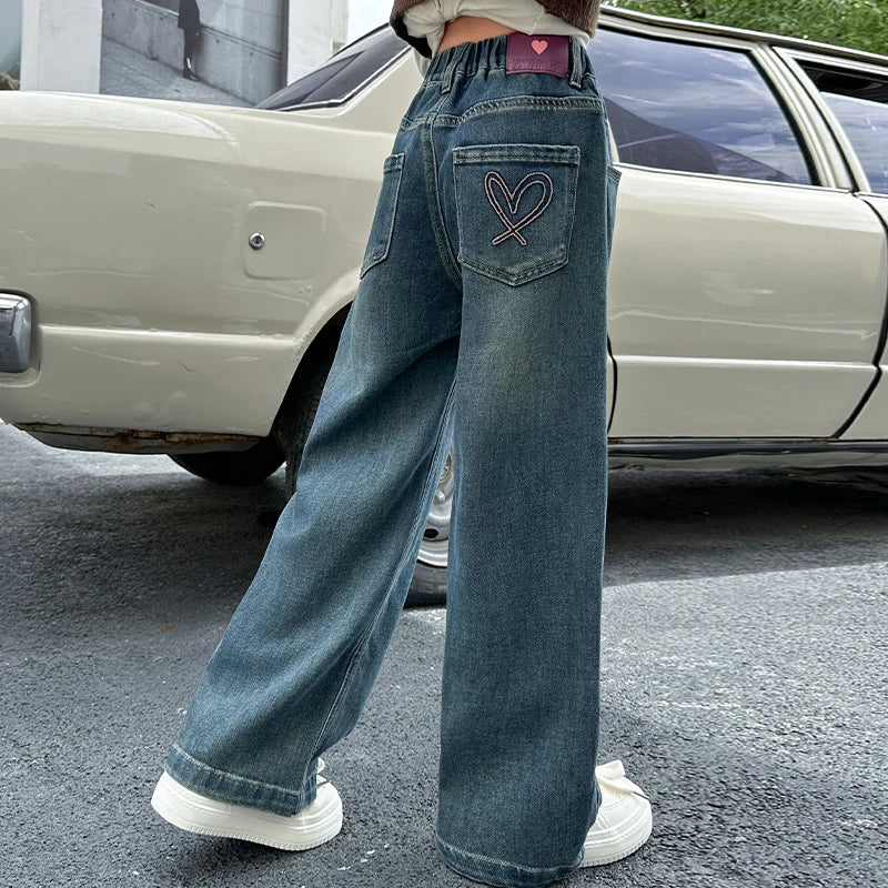 Girls jeans back pocket love  wide-leg pants 2025 spring and autumn slimming straight pants suitable for 5-15 years old pants