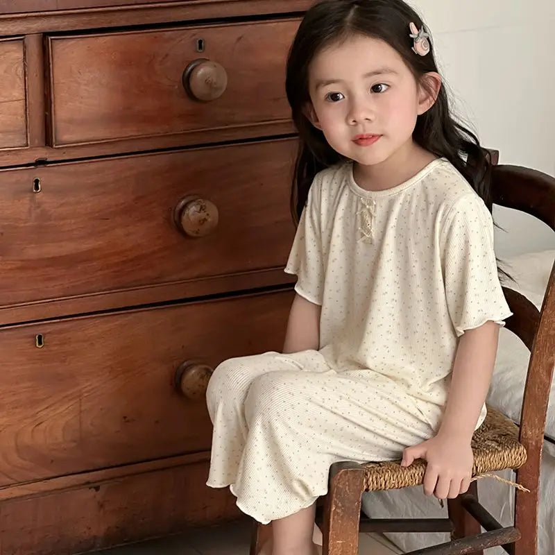 Girls Summer Ice Silk Pajamas Set Short Sleeve Long Pants Sweet Cute Baby Loungewear for Air Conditioning