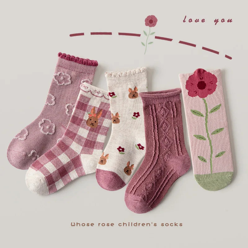 Little Girls Socks Spring Cotton Socks Baby 1-12T Children's Calf Socks Girl Cartoon Love Pattern 5 Pairs Socks