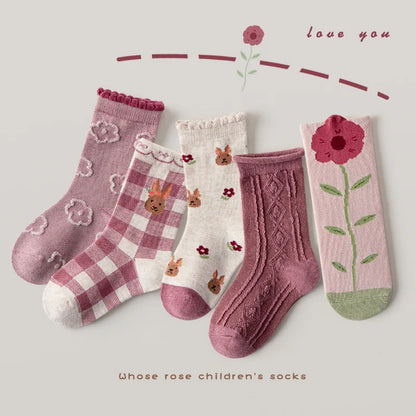Little Girls Socks Spring Cotton Socks Baby 1-12T Children's Calf Socks Girl Cartoon Love Pattern 5 Pairs Socks