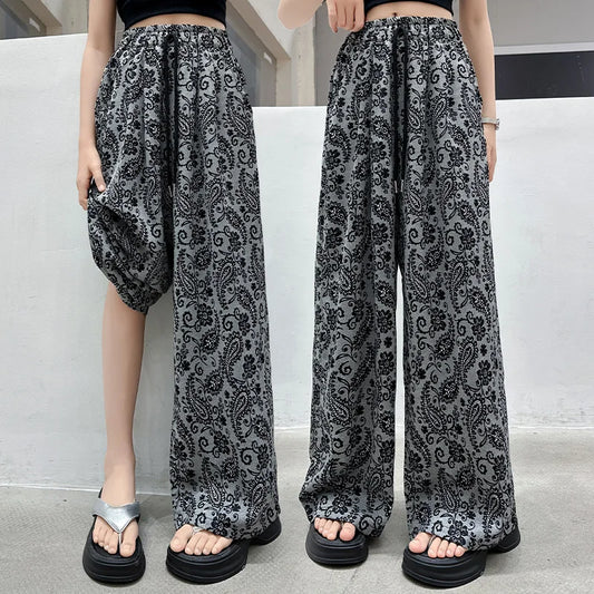 Pants for Girls Fashion Vintage Print Casual Trousers Summer Teenage Thin Comfortable Wide Leg Pants for Kids 5 7 9 11 13 14Year
