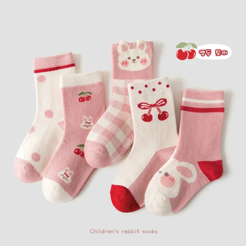Little Girls Socks Spring Cotton Socks Baby 1-12T Children's Calf Socks Girl Cartoon Love Pattern 5 Pairs Socks