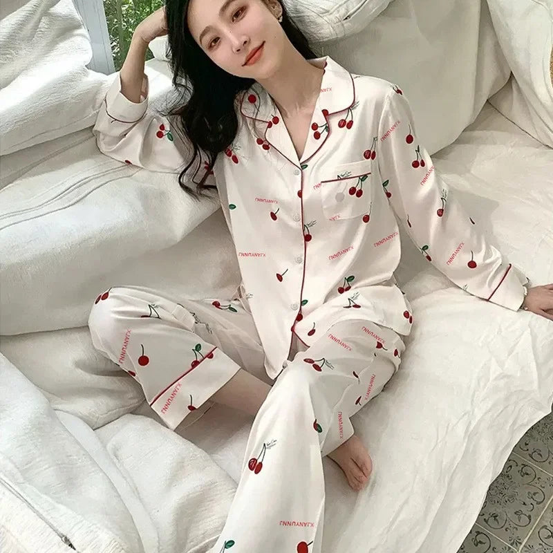 Girls' faux ice silk pyjamas, ladies' long-sleeved lace green premium feeling two-piece set of sweet loungewear, love blue cloth