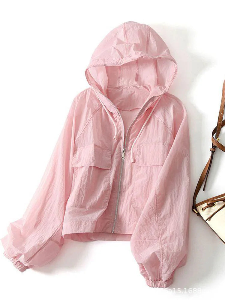 Girls Sunscreen Coat Adult Short Hooded Thin Sunscreen Jacket Women Indoor Casual Air-Conditioned Coat Older Children Sportswear