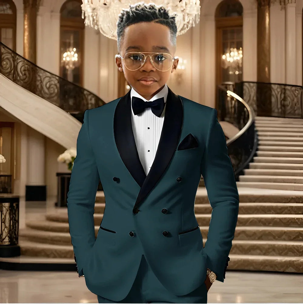 Boy Suits for Wedding Tuxedos with Black Shawl Lapel Double Breasted Mint Kids Wear Two Pieces Slim Flit Prom Party Blazer