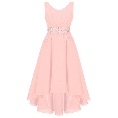 Elegant Girl Shiny Beaded Dress Teen Girl Pink First Communion Ceremony Hi-Lo Hem Vestidos Kids Bridesmild Flower Girls Ball Gow
