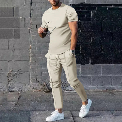Mens Suit Summer Two-piece Suit Short-sleeved T-shirt Casual Fashion Trousers Sets for Men