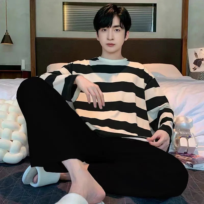 Men Pajamas Set of Autumn and Winter Tops and Pants Youth Nightwear Homewear Two-Piece Student Striped Sleepwear Loungewear