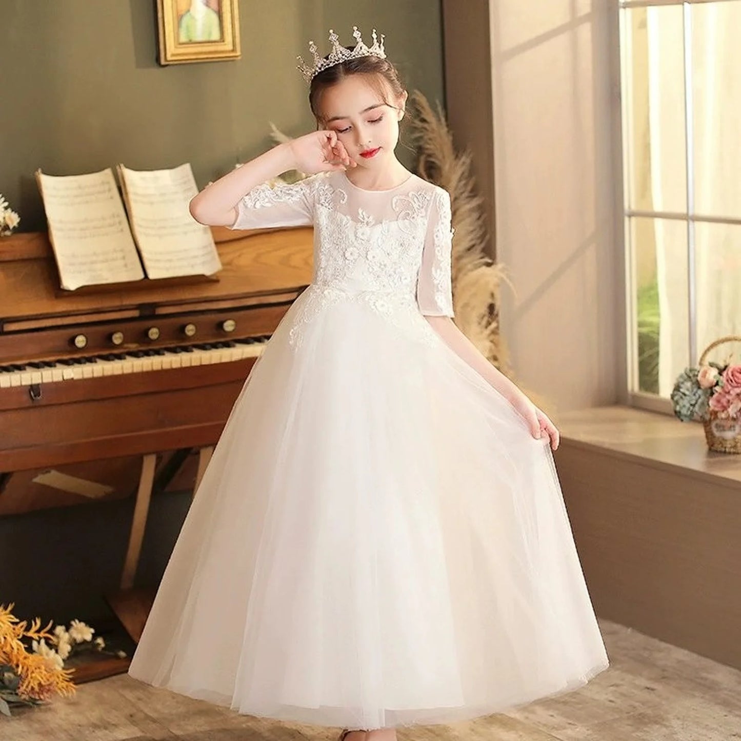 5-14 Years Girl Dress Fashion Children Girl Evening Gown Half Sleeve Lace Kids Dresses for Girls Summer Girls Party Dresses