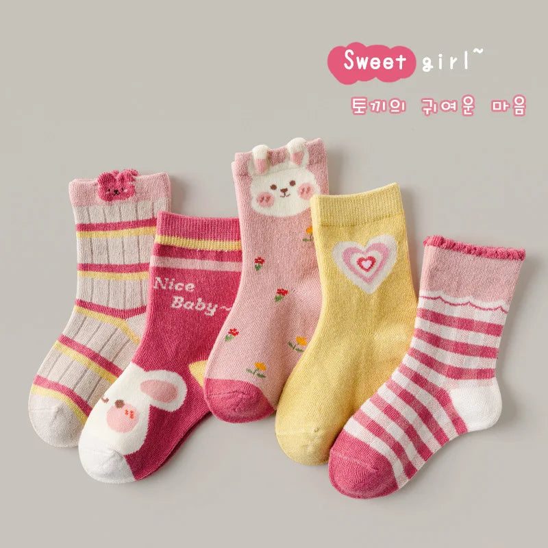 Little Girls Socks Spring Cotton Socks Baby 1-12T Children's Calf Socks Girl Cartoon Love Pattern 5 Pairs Socks