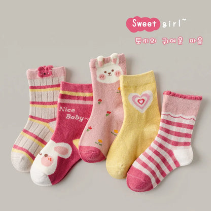 Little Girls Socks Spring Cotton Socks Baby 1-12T Children's Calf Socks Girl Cartoon Love Pattern 5 Pairs Socks