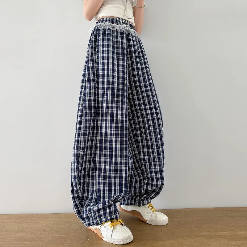 Girls Pants Spring Summer 2026 Minimalist Cute Casual Plaid Wide Leg Pants Elastic Waist Lace Ruffle Trim Children's Clothing