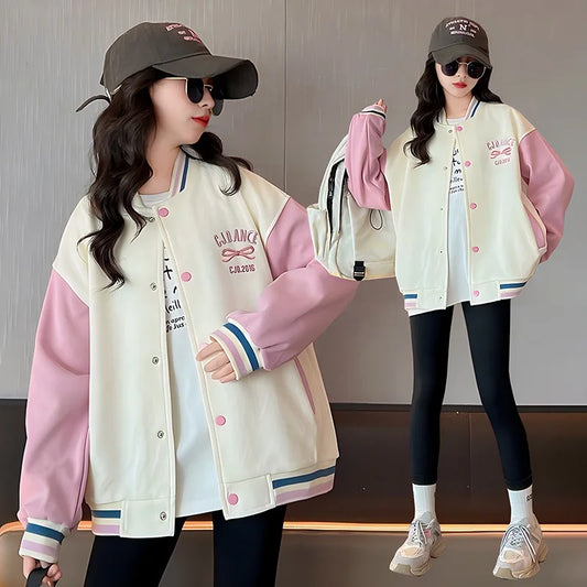 Girls Spring Autumn Jacket New Korean Style Front And Back Butterfly Knot Baseball Coat Teenage Children's Jacket