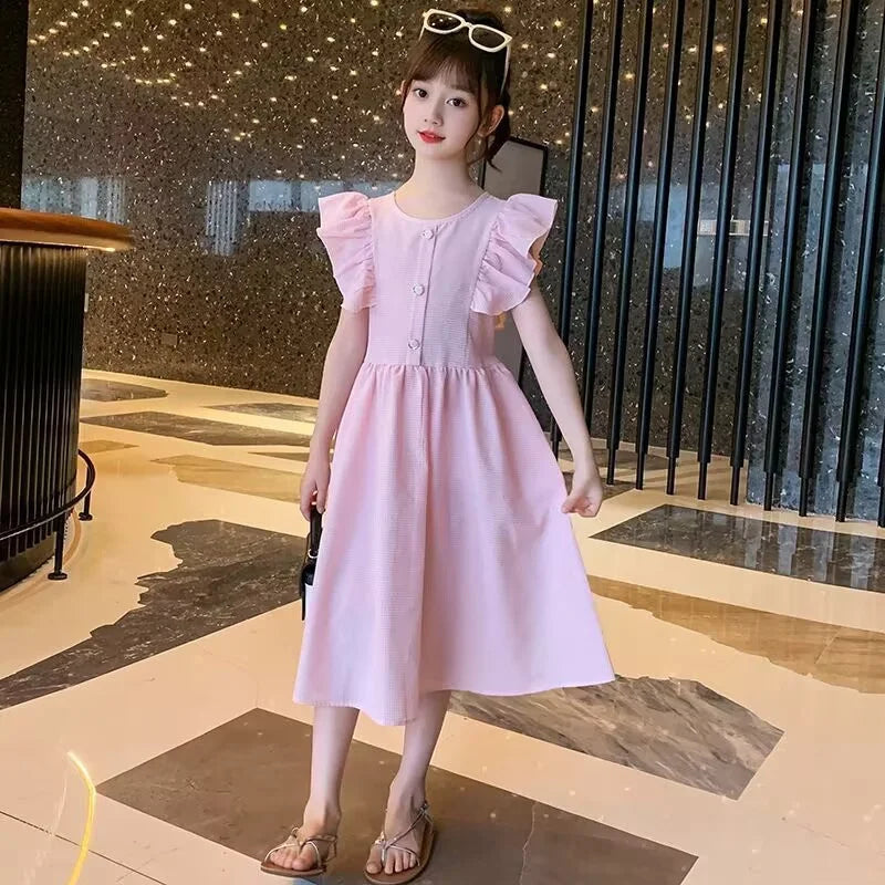 New Girls Summer Dress Kids Casual Sleeveless Clothes Gown Princess Children Elegant Costumes Teen Flying Sleeves Dresses 5-14Y