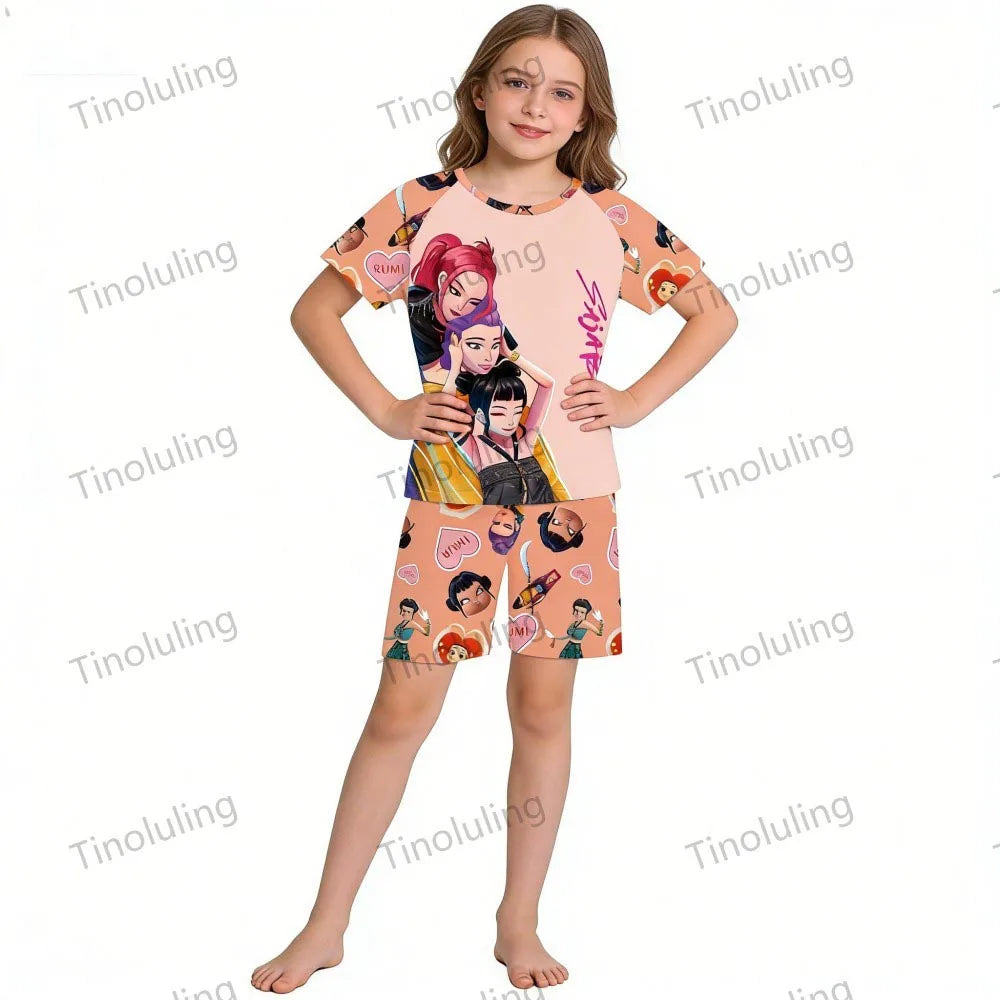 Girls Pajamas Sets Kids Toddler 3 to 8 10 11 12 Years Kpop Demon Hunters Summer Pjs Tops+Shorts Two Pieces Pijamas Sleepwear Set
