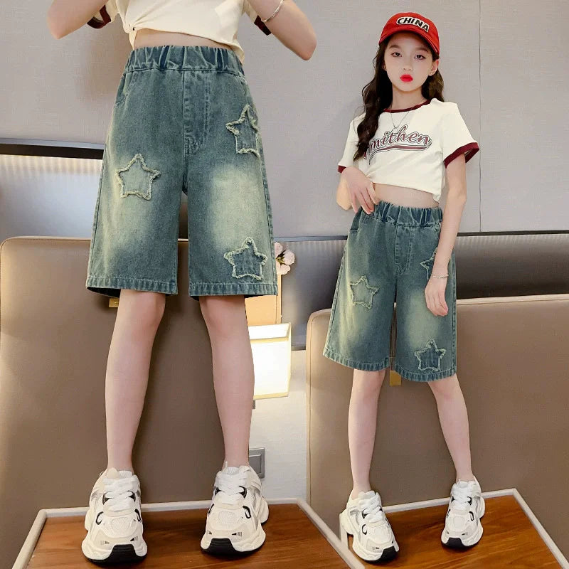Girls Jeans Shorts Summer Casual Loose Denim Shorts Children Wide Leg Short Pants Teen High waist Straight Trousers 5-14 Years