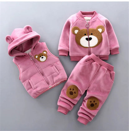 Baby Boy Clothes 2023 Autumn Cotton Thick Warm Casual Hooded Sweater Winter Cartoon Cute Bear Three-Piece Baby Girl Suit 0-5Y