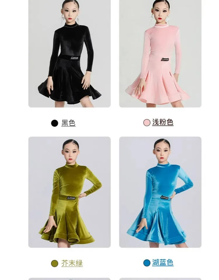 Girls' Latin Dance Dress Autumn/Winter Long Sleeve Professional Practice Dress Velvet Split Set Dance Performance Dress