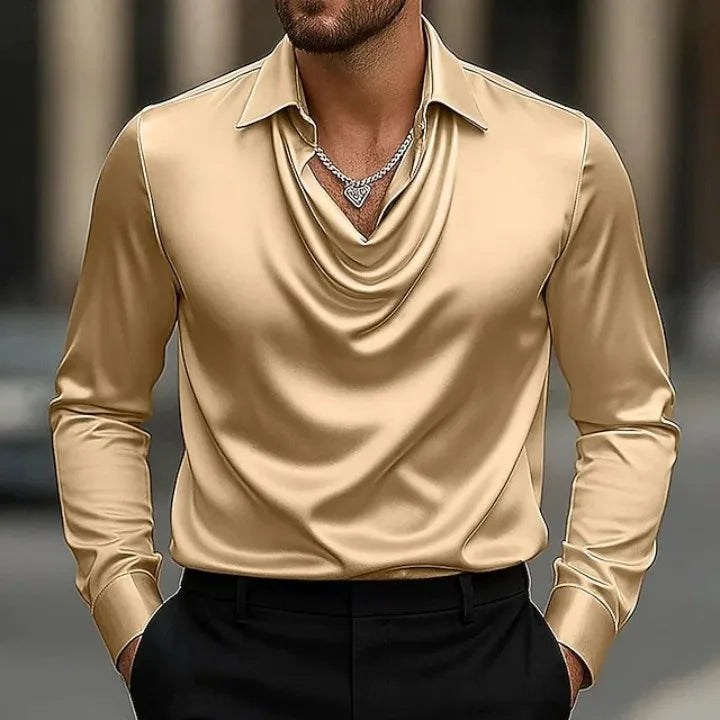 Casual Men Satin Silky Dress Shirts Long Sleeve Social Single Breasted Turn-Down Collar Shirts Wedding Party Men clothes
