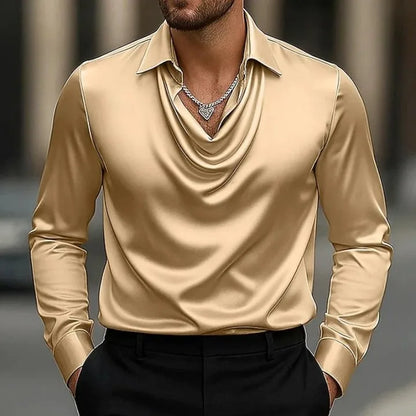 Casual Men Satin Silky Dress Shirts Long Sleeve Social Single Breasted Turn-Down Collar Shirts Wedding Party Men clothes