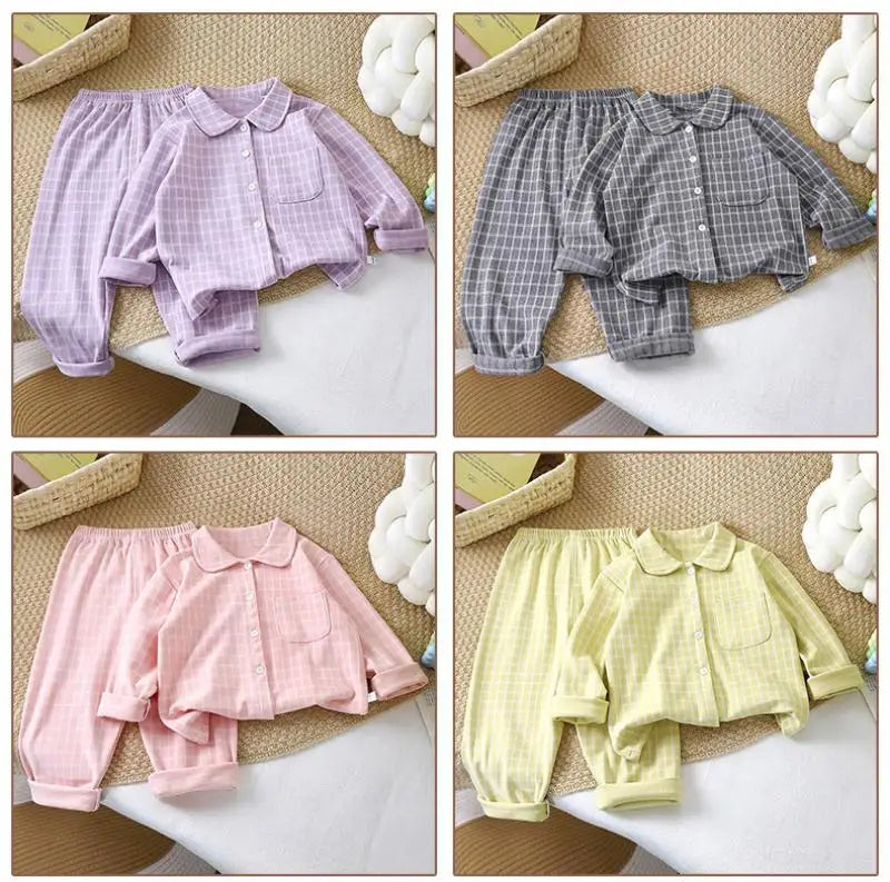 Boys and Girls children's Pajama Set autumn winter Korean Style Plaid Cardigan Lapel long-sleeved PJs Set Loungewear Two-piece