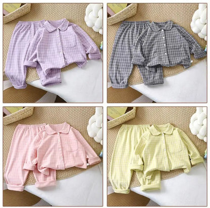 Boys and Girls children's Pajama Set autumn winter Korean Style Plaid Cardigan Lapel long-sleeved PJs Set Loungewear Two-piece