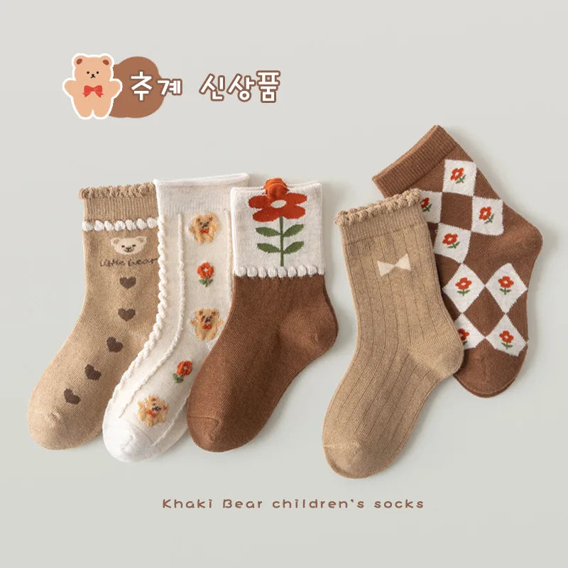Little Girls Socks Spring Cotton Socks Baby 1-12T Children's Calf Socks Girl Cartoon Love Pattern 5 Pairs Socks