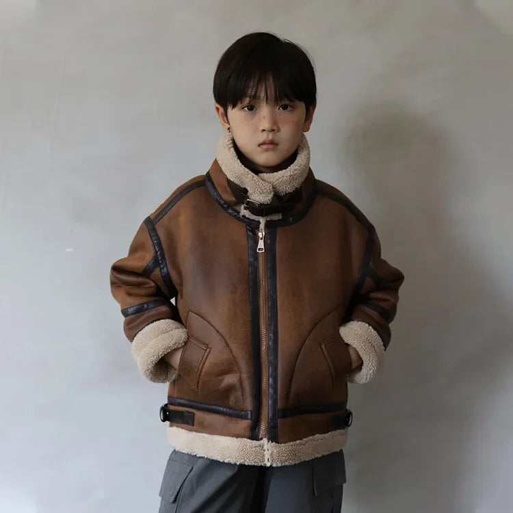 2026 Winter Kids Suede Leather Jacket Boys Girls Faux Fur Coat Thick Warm Fleece Outerwear Teen Children Top Clothes 2-15 Years