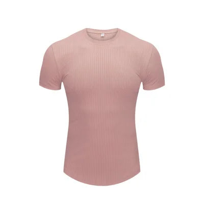 Men's Muscle Shirts Short Sleeve Casual Slim Fit Workout Tshirts Striped Curved Hem Light Weight Elastic